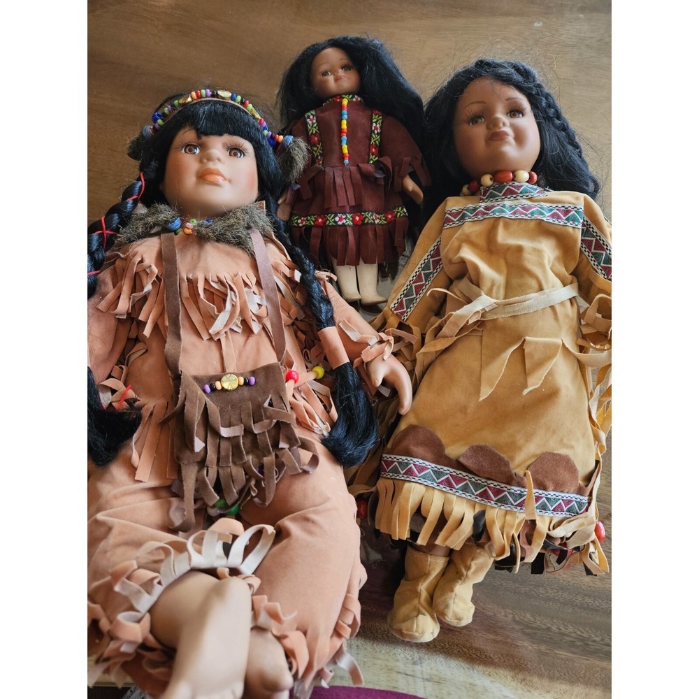 Three Vintage Ceramic Native American Doll with Beaded Headband and Pouch.